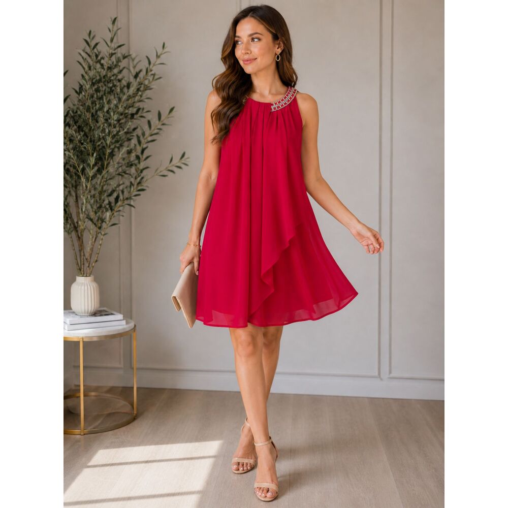 R&M Richards Scarlet Red Beaded Rhinsestone Halter Chiffon Dress Medium